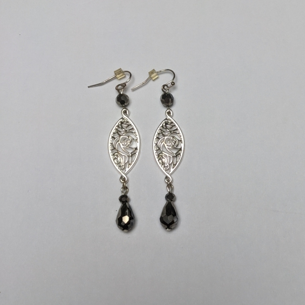WHBM Gray Stone & Rose Detailing Dangle Earrings